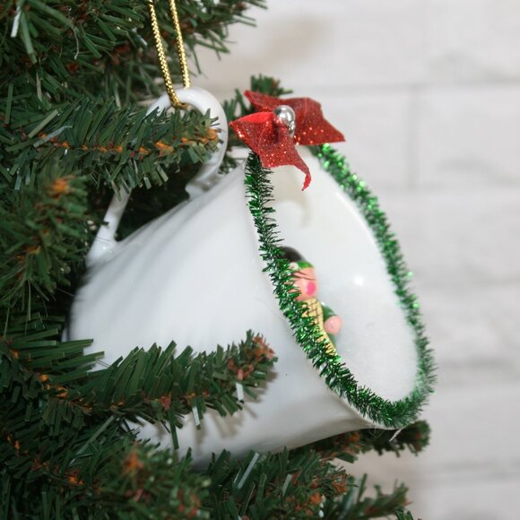 HAND CRAFTED Christmas Ornament Upcyled Teacup Musical Angel Winter Scene Green - Picture 2 of 9